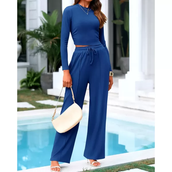BTFBM Casual 2 Piece Sets For Women Fall Outfits Ribbed Knit Long Sleeve Crop Top Wide Leg Pants Matching Lounge SetSolid Dark Blue