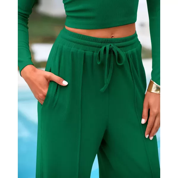 BTFBM Casual 2 Piece Sets For Women Fall Outfits Ribbed Knit Long Sleeve Crop Top Wide Leg Pants Matching Lounge SetSolid Dark Green
