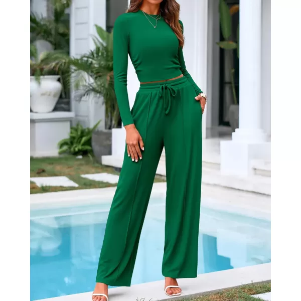 BTFBM Casual 2 Piece Sets For Women Fall Outfits Ribbed Knit Long Sleeve Crop Top Wide Leg Pants Matching Lounge SetSolid Dark Green