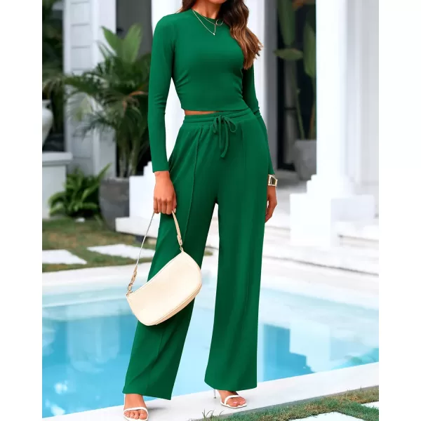 BTFBM Casual 2 Piece Sets For Women Fall Outfits Ribbed Knit Long Sleeve Crop Top Wide Leg Pants Matching Lounge SetSolid Dark Green