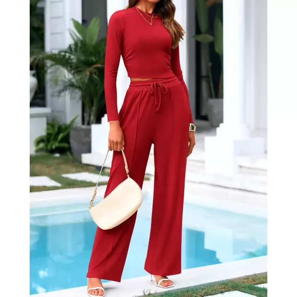 BTFBM Casual 2 Piece Sets For Women Fall Outfits Ribbed Knit Long Sleeve Crop Top Wide Leg Pants Matching Lounge SetSolid Fiery Red