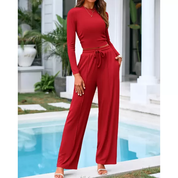 BTFBM Casual 2 Piece Sets For Women Fall Outfits Ribbed Knit Long Sleeve Crop Top Wide Leg Pants Matching Lounge SetSolid Fiery Red
