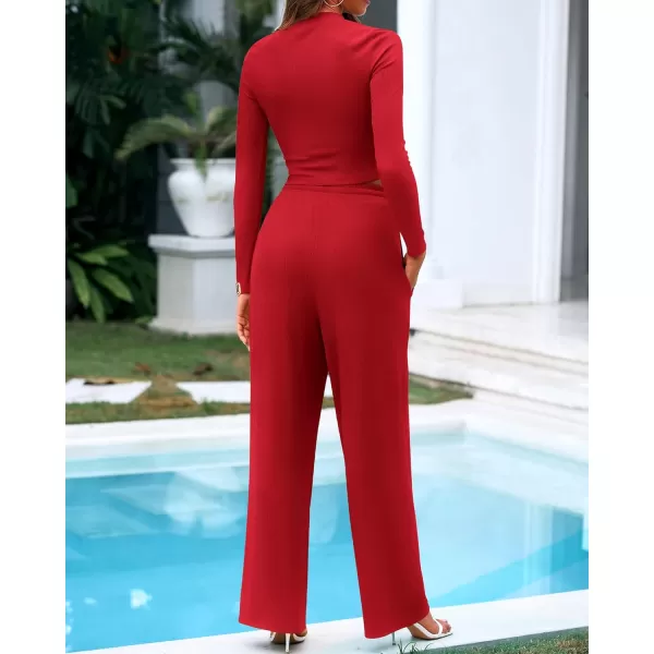 BTFBM Casual 2 Piece Sets For Women Fall Outfits Ribbed Knit Long Sleeve Crop Top Wide Leg Pants Matching Lounge SetSolid Fiery Red