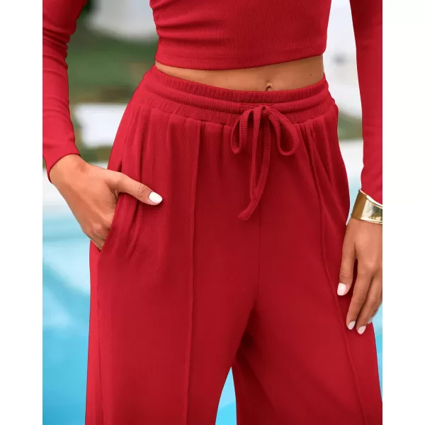 BTFBM Casual 2 Piece Sets For Women Fall Outfits Ribbed Knit Long Sleeve Crop Top Wide Leg Pants Matching Lounge SetSolid Fiery Red