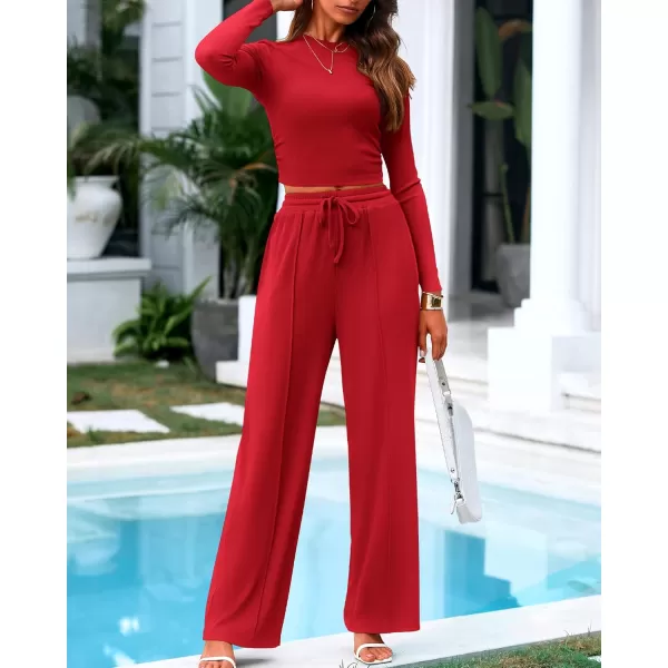 BTFBM Casual 2 Piece Sets For Women Fall Outfits Ribbed Knit Long Sleeve Crop Top Wide Leg Pants Matching Lounge SetSolid Fiery Red