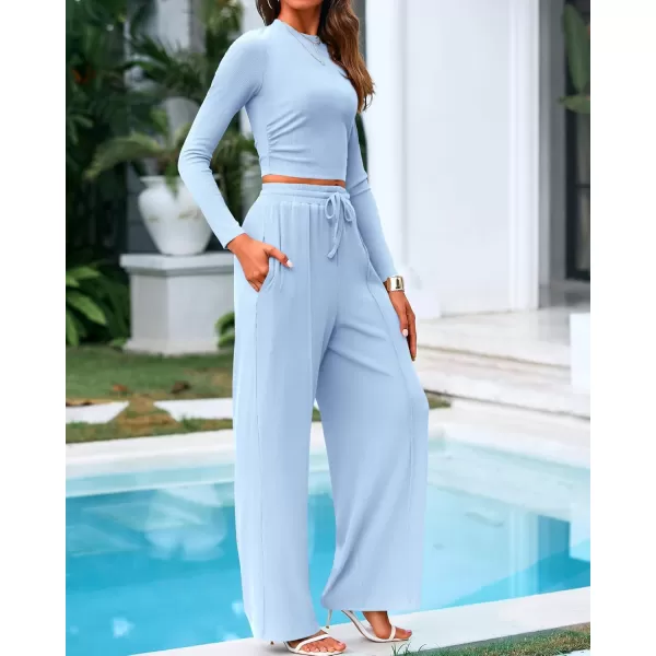 BTFBM Casual 2 Piece Sets For Women Fall Outfits Ribbed Knit Long Sleeve Crop Top Wide Leg Pants Matching Lounge SetSolid Light Blue