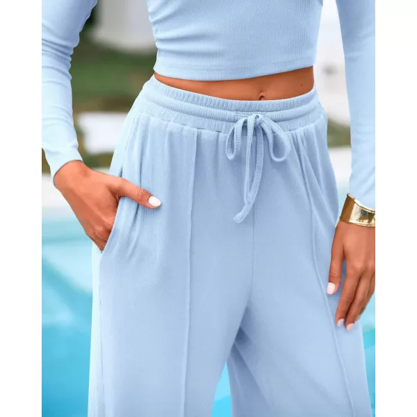 BTFBM Casual 2 Piece Sets For Women Fall Outfits Ribbed Knit Long Sleeve Crop Top Wide Leg Pants Matching Lounge SetSolid Light Blue