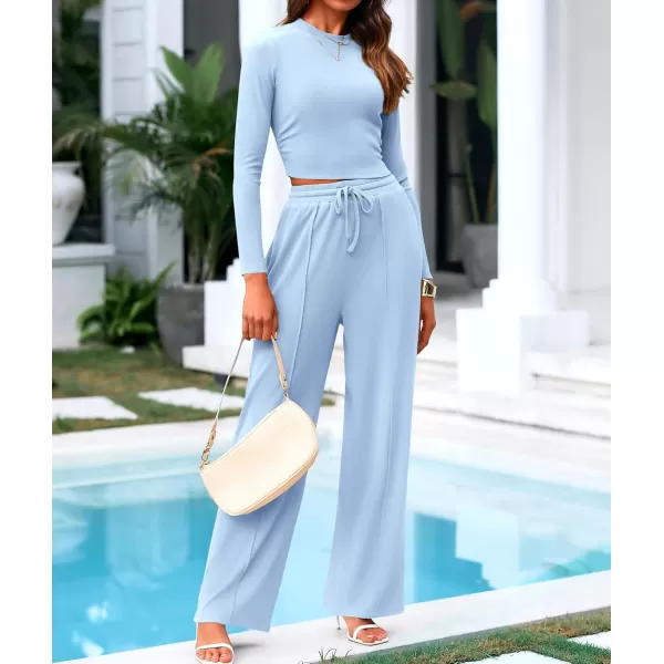 BTFBM Casual 2 Piece Sets For Women Fall Outfits Ribbed Knit Long Sleeve Crop Top Wide Leg Pants Matching Lounge SetSolid Light Blue