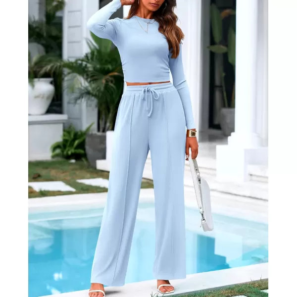 BTFBM Casual 2 Piece Sets For Women Fall Outfits Ribbed Knit Long Sleeve Crop Top Wide Leg Pants Matching Lounge SetSolid Light Blue