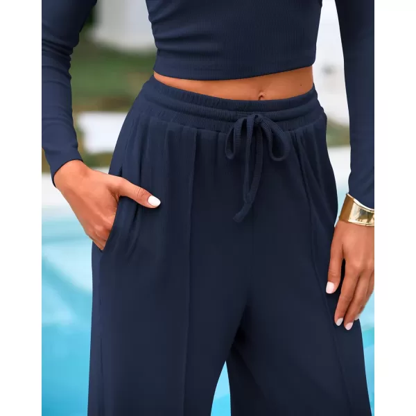 BTFBM Casual 2 Piece Sets For Women Fall Outfits Ribbed Knit Long Sleeve Crop Top Wide Leg Pants Matching Lounge SetSolid Navy