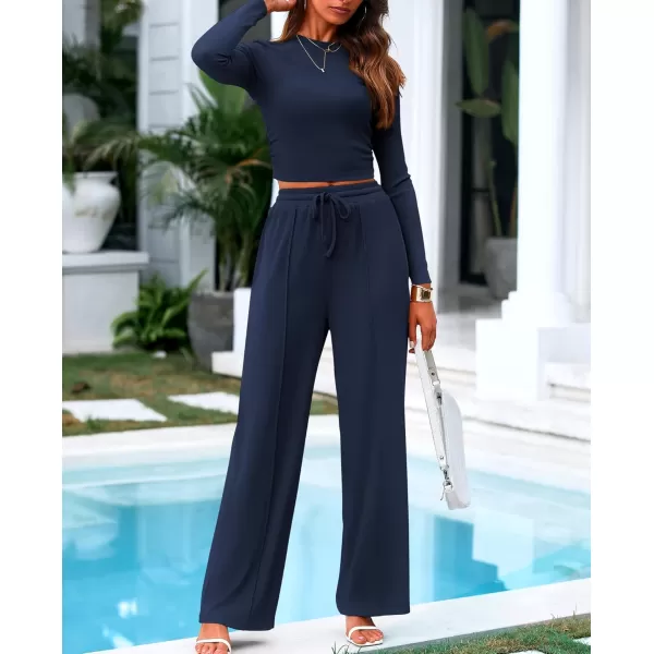 BTFBM Casual 2 Piece Sets For Women Fall Outfits Ribbed Knit Long Sleeve Crop Top Wide Leg Pants Matching Lounge SetSolid Navy