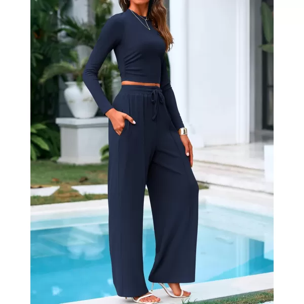 BTFBM Casual 2 Piece Sets For Women Fall Outfits Ribbed Knit Long Sleeve Crop Top Wide Leg Pants Matching Lounge SetSolid Navy