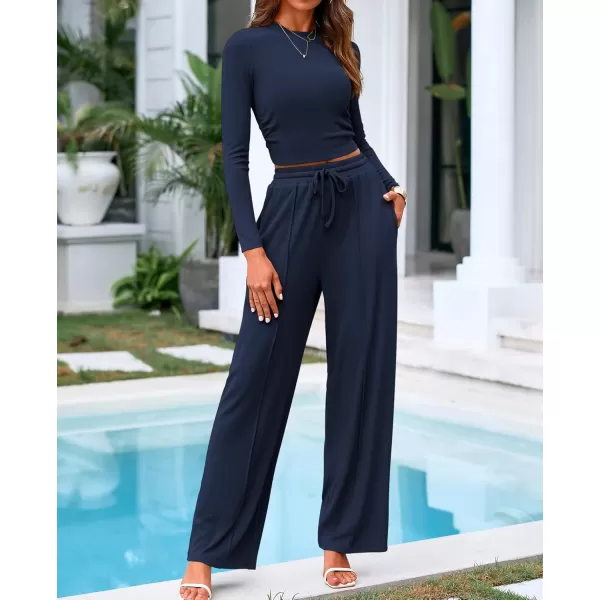 BTFBM Casual 2 Piece Sets For Women Fall Outfits Ribbed Knit Long Sleeve Crop Top Wide Leg Pants Matching Lounge SetSolid Navy