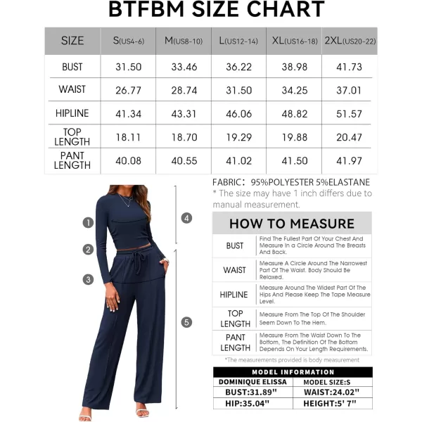 BTFBM Casual 2 Piece Sets For Women Fall Outfits Ribbed Knit Long Sleeve Crop Top Wide Leg Pants Matching Lounge SetSolid Navy