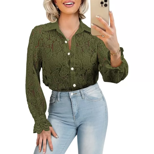 BTFBM Long Sleeve Lace Blouses for Women Dressy Casual Button Down Shirts Date Night Outfit Club Party Tops Shirt BlouseArmy Green