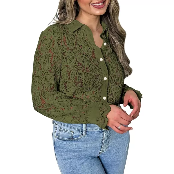 BTFBM Long Sleeve Lace Blouses for Women Dressy Casual Button Down Shirts Date Night Outfit Club Party Tops Shirt BlouseArmy Green