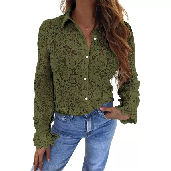 BTFBM Long Sleeve Lace Blouses for Women Dressy Casual Button Down Shirts Date Night Outfit Club Party Tops Shirt BlouseArmy Green