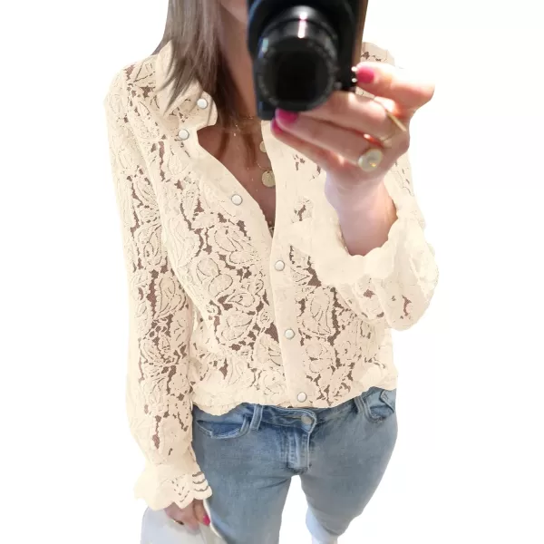 BTFBM Long Sleeve Lace Blouses for Women Dressy Casual Button Down Shirts Date Night Outfit Club Party Tops Shirt BlouseBeige