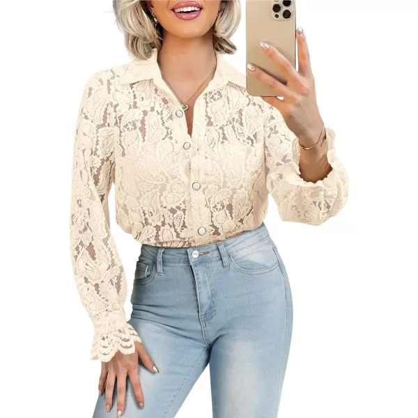 BTFBM Long Sleeve Lace Blouses for Women Dressy Casual Button Down Shirts Date Night Outfit Club Party Tops Shirt BlouseBeige