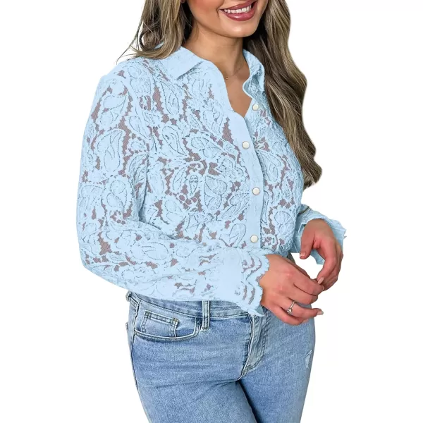 BTFBM Long Sleeve Lace Blouses for Women Dressy Casual Button Down Shirts Date Night Outfit Club Party Tops Shirt BlouseLight Blue