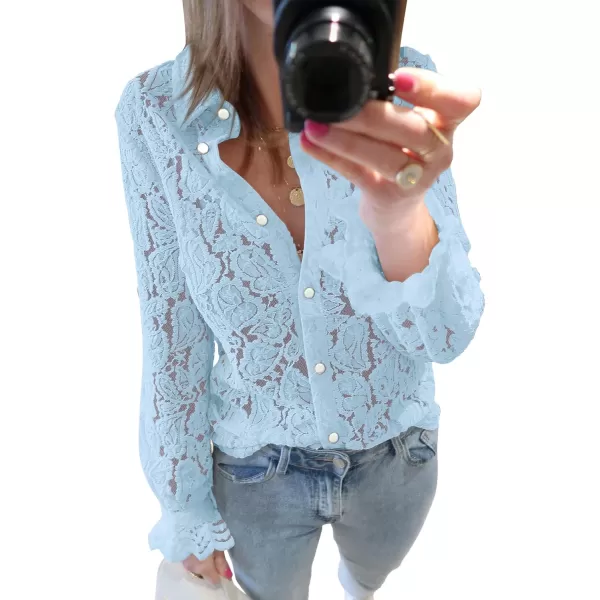 BTFBM Long Sleeve Lace Blouses for Women Dressy Casual Button Down Shirts Date Night Outfit Club Party Tops Shirt BlouseLight Blue