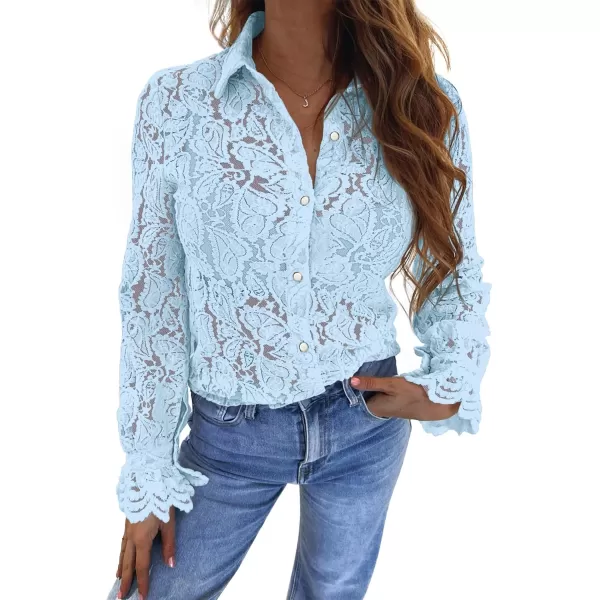 BTFBM Long Sleeve Lace Blouses for Women Dressy Casual Button Down Shirts Date Night Outfit Club Party Tops Shirt BlouseLight Blue