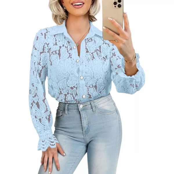 BTFBM Long Sleeve Lace Blouses for Women Dressy Casual Button Down Shirts Date Night Outfit Club Party Tops Shirt BlouseLight Blue