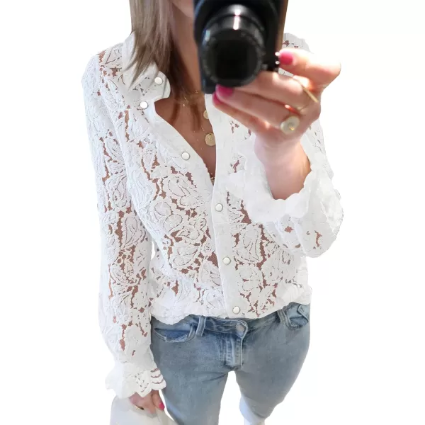 BTFBM Long Sleeve Lace Blouses for Women Dressy Casual Button Down Shirts Date Night Outfit Club Party Tops Shirt BlouseWhite