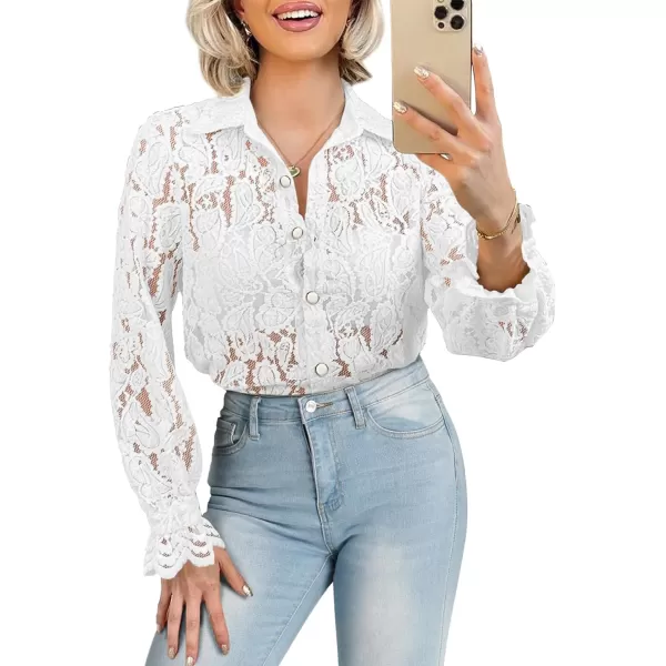BTFBM Long Sleeve Lace Blouses for Women Dressy Casual Button Down Shirts Date Night Outfit Club Party Tops Shirt BlouseWhite