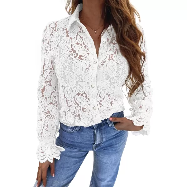 BTFBM Long Sleeve Lace Blouses for Women Dressy Casual Button Down Shirts Date Night Outfit Club Party Tops Shirt BlouseWhite