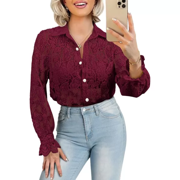 BTFBM Long Sleeve Lace Blouses for Women Dressy Casual Button Down Shirts Date Night Outfit Club Party Tops Shirt BlouseWine Red