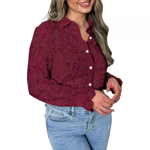 BTFBM Long Sleeve Lace Blouses for Women Dressy Casual Button Down Shirts Date Night Outfit Club Party Tops Shirt BlouseWine Red
