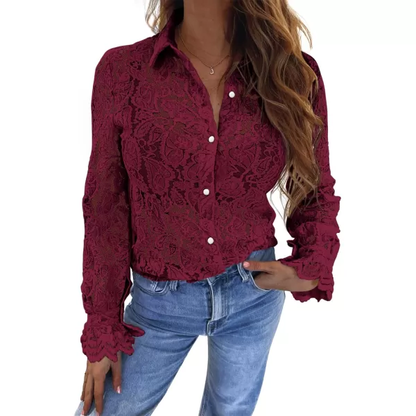 BTFBM Long Sleeve Lace Blouses for Women Dressy Casual Button Down Shirts Date Night Outfit Club Party Tops Shirt BlouseWine Red
