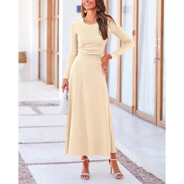 BTFBM Two Piece Skirt Sets For Women 2024 Trendy Fall Outfits Ribbed Knit Long Sleeve Crop Top Flowy Midi Skirt SetSolid Apricot