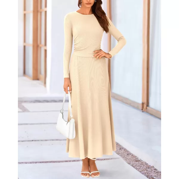 BTFBM Two Piece Skirt Sets For Women 2024 Trendy Fall Outfits Ribbed Knit Long Sleeve Crop Top Flowy Midi Skirt SetSolid Apricot