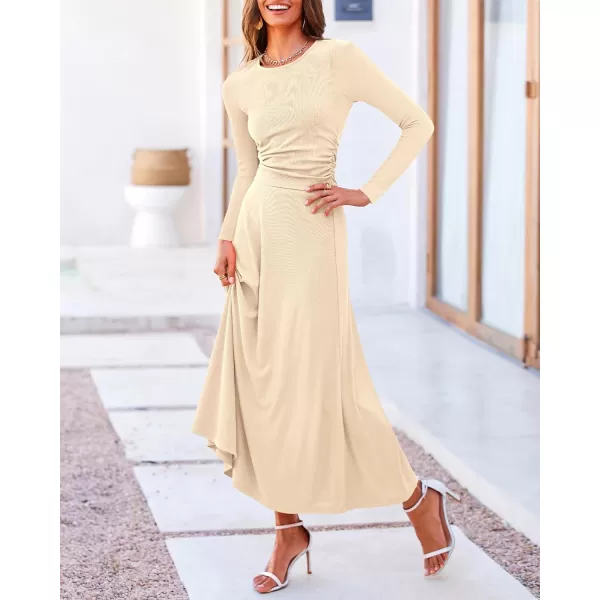 BTFBM Two Piece Skirt Sets For Women 2024 Trendy Fall Outfits Ribbed Knit Long Sleeve Crop Top Flowy Midi Skirt SetSolid Apricot
