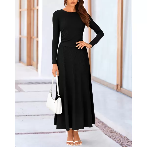 BTFBM Two Piece Skirt Sets For Women 2024 Trendy Fall Outfits Ribbed Knit Long Sleeve Crop Top Flowy Midi Skirt SetSolid Black