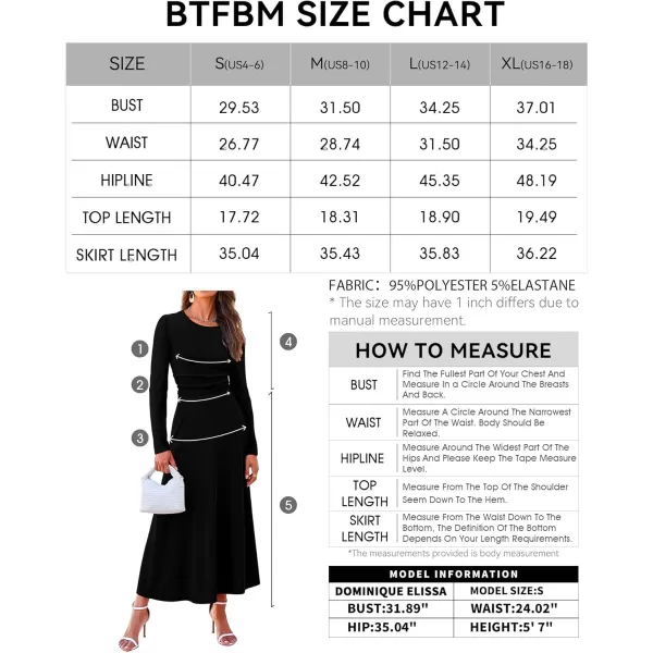 BTFBM Two Piece Skirt Sets For Women 2024 Trendy Fall Outfits Ribbed Knit Long Sleeve Crop Top Flowy Midi Skirt SetSolid Black