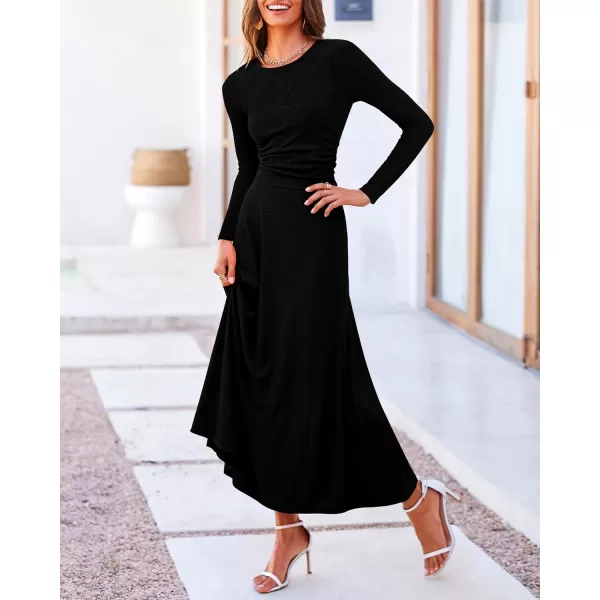 BTFBM Two Piece Skirt Sets For Women 2024 Trendy Fall Outfits Ribbed Knit Long Sleeve Crop Top Flowy Midi Skirt SetSolid Black