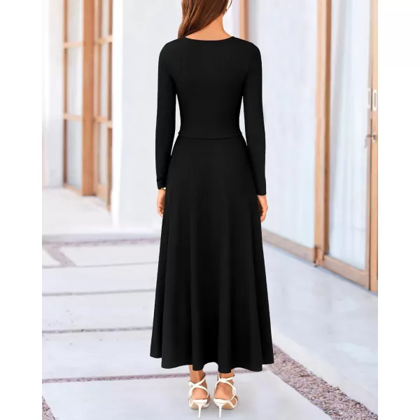 BTFBM Two Piece Skirt Sets For Women 2024 Trendy Fall Outfits Ribbed Knit Long Sleeve Crop Top Flowy Midi Skirt SetSolid Black