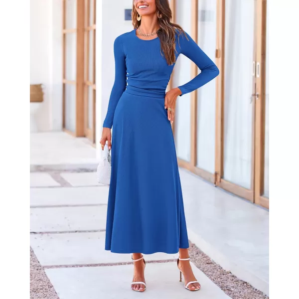 BTFBM Two Piece Skirt Sets For Women 2024 Trendy Fall Outfits Ribbed Knit Long Sleeve Crop Top Flowy Midi Skirt SetSolid Blue
