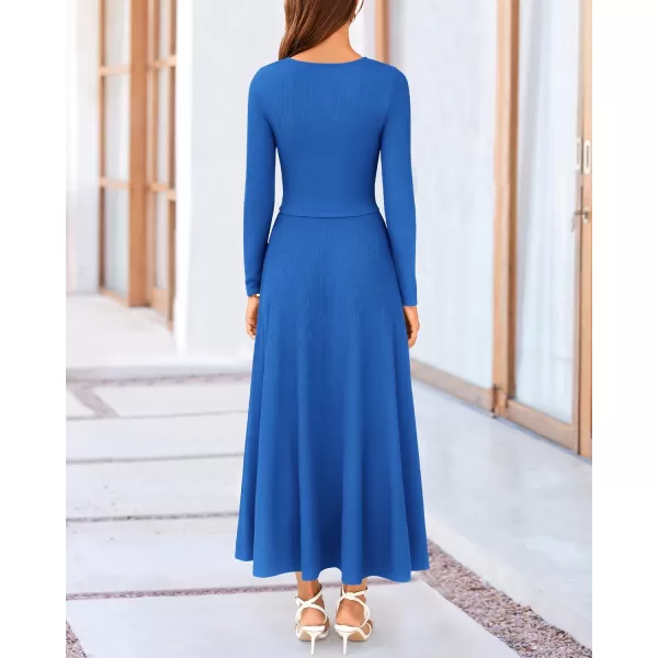 BTFBM Two Piece Skirt Sets For Women 2024 Trendy Fall Outfits Ribbed Knit Long Sleeve Crop Top Flowy Midi Skirt SetSolid Blue