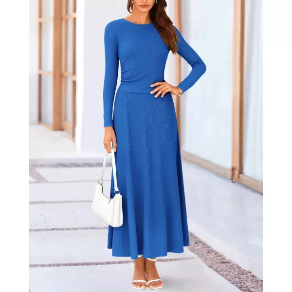 BTFBM Two Piece Skirt Sets For Women 2024 Trendy Fall Outfits Ribbed Knit Long Sleeve Crop Top Flowy Midi Skirt SetSolid Blue