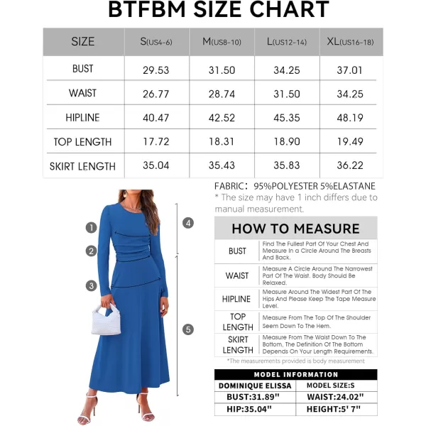 BTFBM Two Piece Skirt Sets For Women 2024 Trendy Fall Outfits Ribbed Knit Long Sleeve Crop Top Flowy Midi Skirt SetSolid Blue