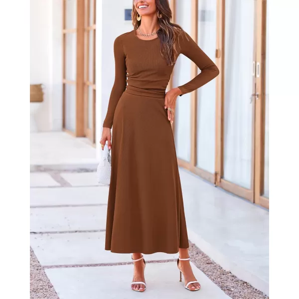 BTFBM Two Piece Skirt Sets For Women 2024 Trendy Fall Outfits Ribbed Knit Long Sleeve Crop Top Flowy Midi Skirt SetSolid Dark Brown