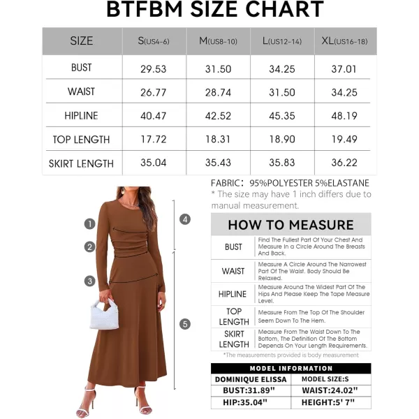 BTFBM Two Piece Skirt Sets For Women 2024 Trendy Fall Outfits Ribbed Knit Long Sleeve Crop Top Flowy Midi Skirt SetSolid Dark Brown