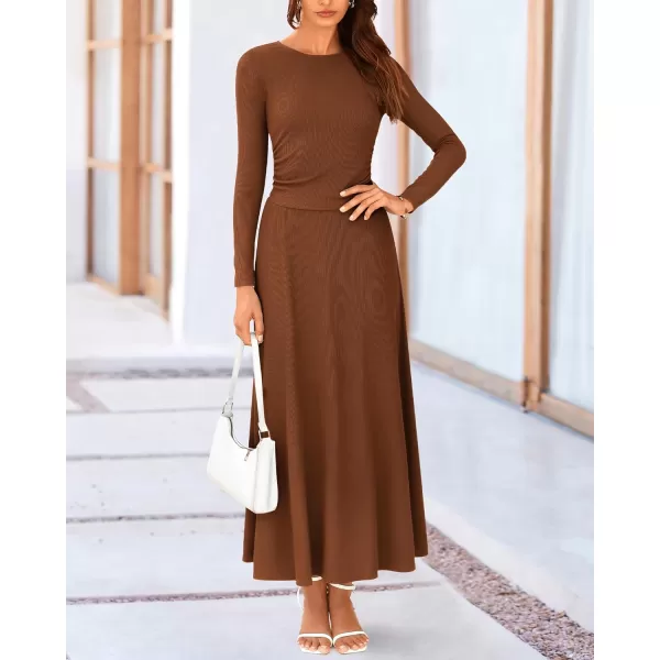 BTFBM Two Piece Skirt Sets For Women 2024 Trendy Fall Outfits Ribbed Knit Long Sleeve Crop Top Flowy Midi Skirt SetSolid Dark Brown