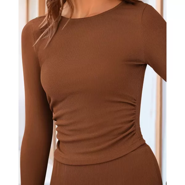 BTFBM Two Piece Skirt Sets For Women 2024 Trendy Fall Outfits Ribbed Knit Long Sleeve Crop Top Flowy Midi Skirt SetSolid Dark Brown