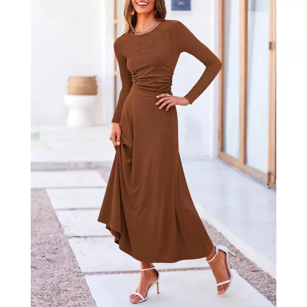 BTFBM Two Piece Skirt Sets For Women 2024 Trendy Fall Outfits Ribbed Knit Long Sleeve Crop Top Flowy Midi Skirt SetSolid Dark Brown