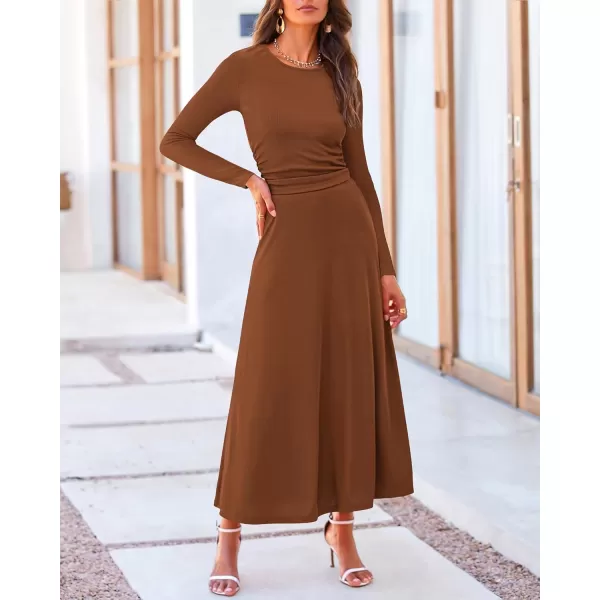BTFBM Two Piece Skirt Sets For Women 2024 Trendy Fall Outfits Ribbed Knit Long Sleeve Crop Top Flowy Midi Skirt SetSolid Dark Brown